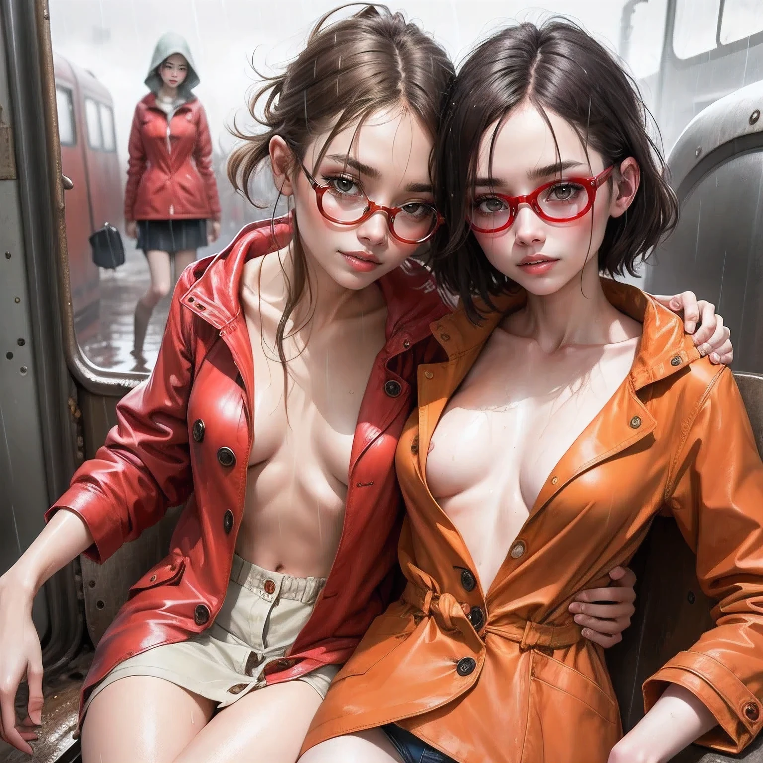 masterpiece, best quality, 2girls, (closeup), 18yo , slim, small breast, naked breast, nipple, open red raincoat, goggles on head, sitting, in abandoned train, hugging, lode, smile, heavy rain, downpour, flood, wasteland, grey, desolate, rain, dark, watercolor, (topless:1.2)