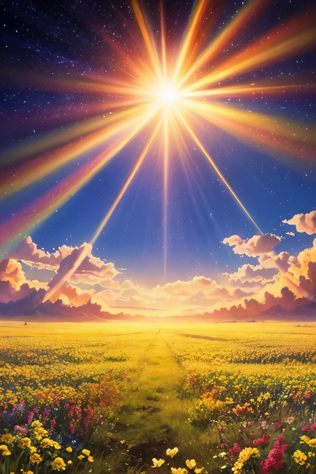 You are a genius painter who paints pictures of heaven in a world of light! Beautiful, heavenly scene. Beautiful colors, light, bright, aura, gold, silver, detailed and glittering, light