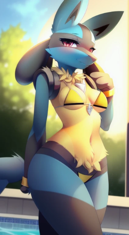 uploaded on e621, (((by Tsampikos))), solo female (((Lucario))), wear (((golden wristband and jewelry and golden bikini))), (detailed Lucario), (detailed lighting),(detailed fur), (detailed breasts), (detailed skin), BREAK, ((standing at hotel suite outdoor swimming pool with plant on sunny day)), (cinematic lighting), ((detailed background)), ((depth of field)), (half body shadow), ((looking at viewer)), (low-angle view), ((three-quarter view)), [backlighting], [detailed ambient light], [gray natural lighting], [ambient light on the belly], [realistic proportions], [explicit content, adult, nsfw], [sharp focus], (questionable content), (shaded), (hi res), ((masterpiece)), half-closed eyes,sexy,pechos,