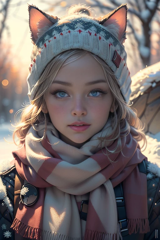 cat girl posing for a photo, (detailed eyes, eye correction), Pink and moist lips, winter outfit, with a knitted hat and scarf that match her fur color, (1 girl), snowflakes fall, The sunlight filters through the trees, Definition and sharpness of textures, Two-colored light, White balance, Full Body Shot, looking at the camera, (focused winter background:1.8), (Photorealistic:1.4), (Highly detailed), (high resolution), (Best quality), (masterpiece)