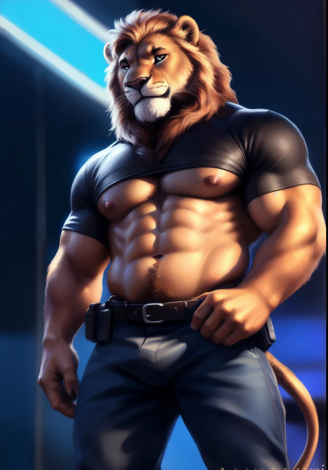 Lion, male, solo, adult, abs, pecs, nipples, older, strong muscles, security guard, long mane, detailed face, beautiful eyes, security guard outfit, black shirt, blue jeans pants, lifted shirt, showing chest, muscular chest, muscular, seductive face, bodybuilder body, beefy, utility belt, out of discotheque Background, night, neon lights, looking at viewer, by bruteandbrawn, by personalami, by kenket, (intricate, high detail, film photography, soft focus, RAW candid cinema,
photorealism, realistic, photorealistic, analog style, subsurface scattering,
masterpiece, best quality, ultra realistic, 8k)