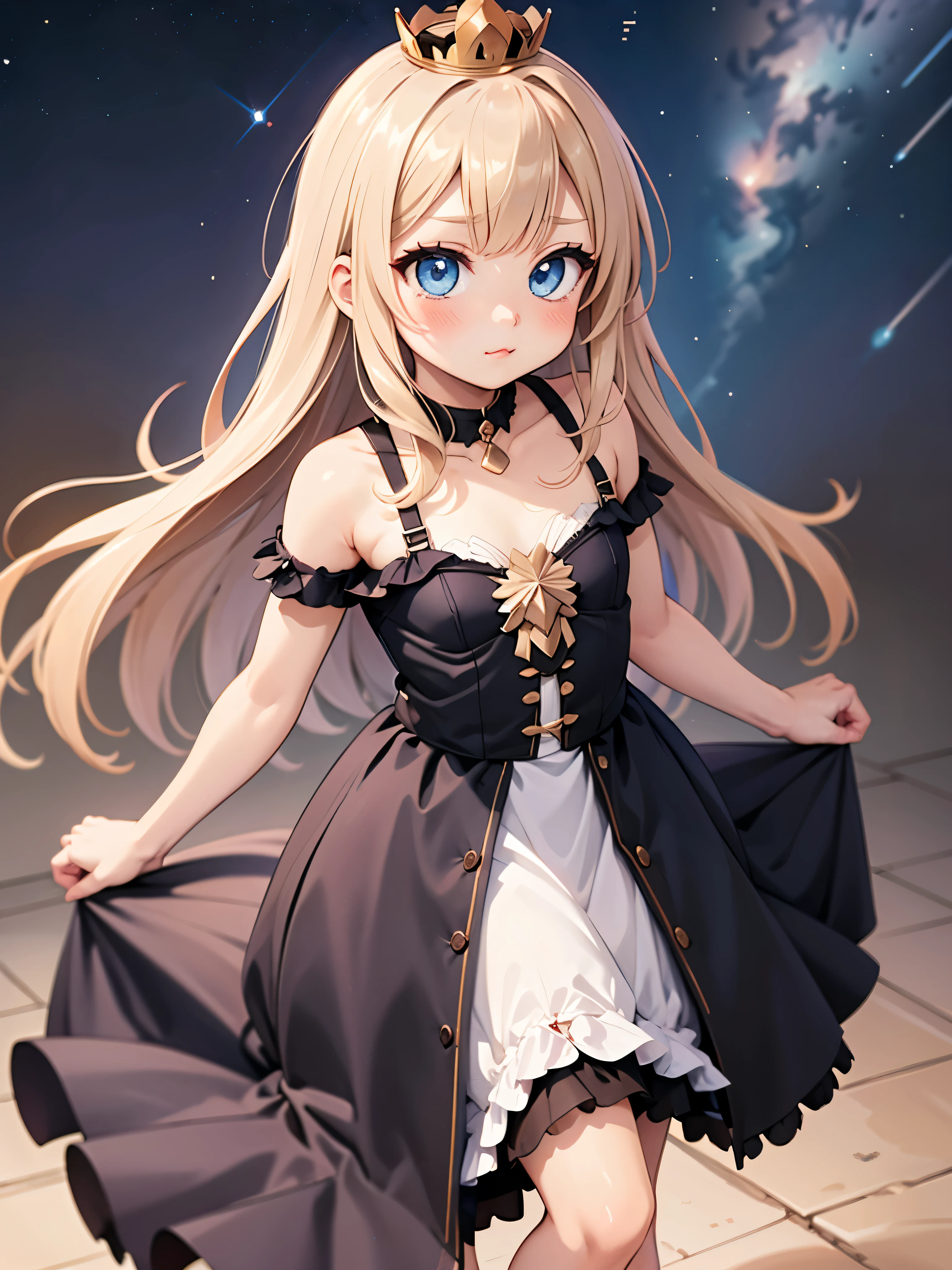 1girl 6409025aged down 57889bare shoulders 942061blonde hair 1662563blue eyes 1888355blush 3281227 72110closed mouth,collarbone,crown,dress l,dress tug,eyelashes,female focus,from above,grey dress,long hair,pout,shiny skin,shooting star,sky,sleeveless,sleeveless dress,solo,space,standing,star (sky),starry sky,tearing up