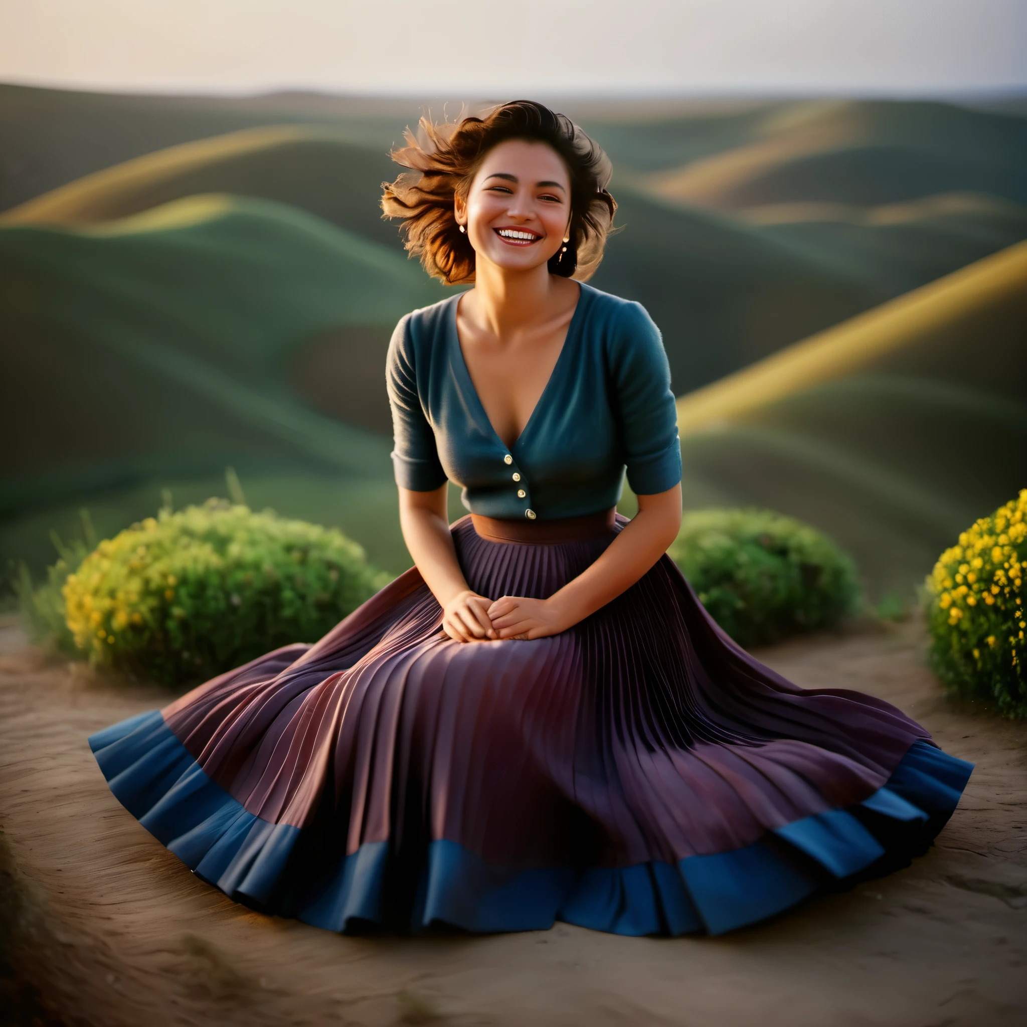 A smiling, authentic, (shy:1,3), kind, beautiful woman, is passionately in love with her skirt, sitting down on the ground while wind lifts her skirt, wearing short blazer and very, very detailed (long (fully pleated) full circle skirt) and (low heeled court shoes), very, very intricate hyper-detailed symmetric (attractive graceful young feminine face) with (sad, tired eyes and a loving smile), very voluptuous breasts, full of empathy and compassion and love, (pronounced (feminine) features), (highly detailed ultra accurate realistic) hands and fingers, (windy), epic composition, highly detailed attributes, (35mm f1.4 Kodak portra 400 photograph), extremely high quality RAW photograph, highly detailed atmosphere, sci-fi, cinematic shot, dynamic lighting, 75mm, Technicolor, Panavision, cinemascope, sharp focus, fine details, 8k, HDR, realism, realistic, key visual, film still, superb cinematic color grading, depth of field