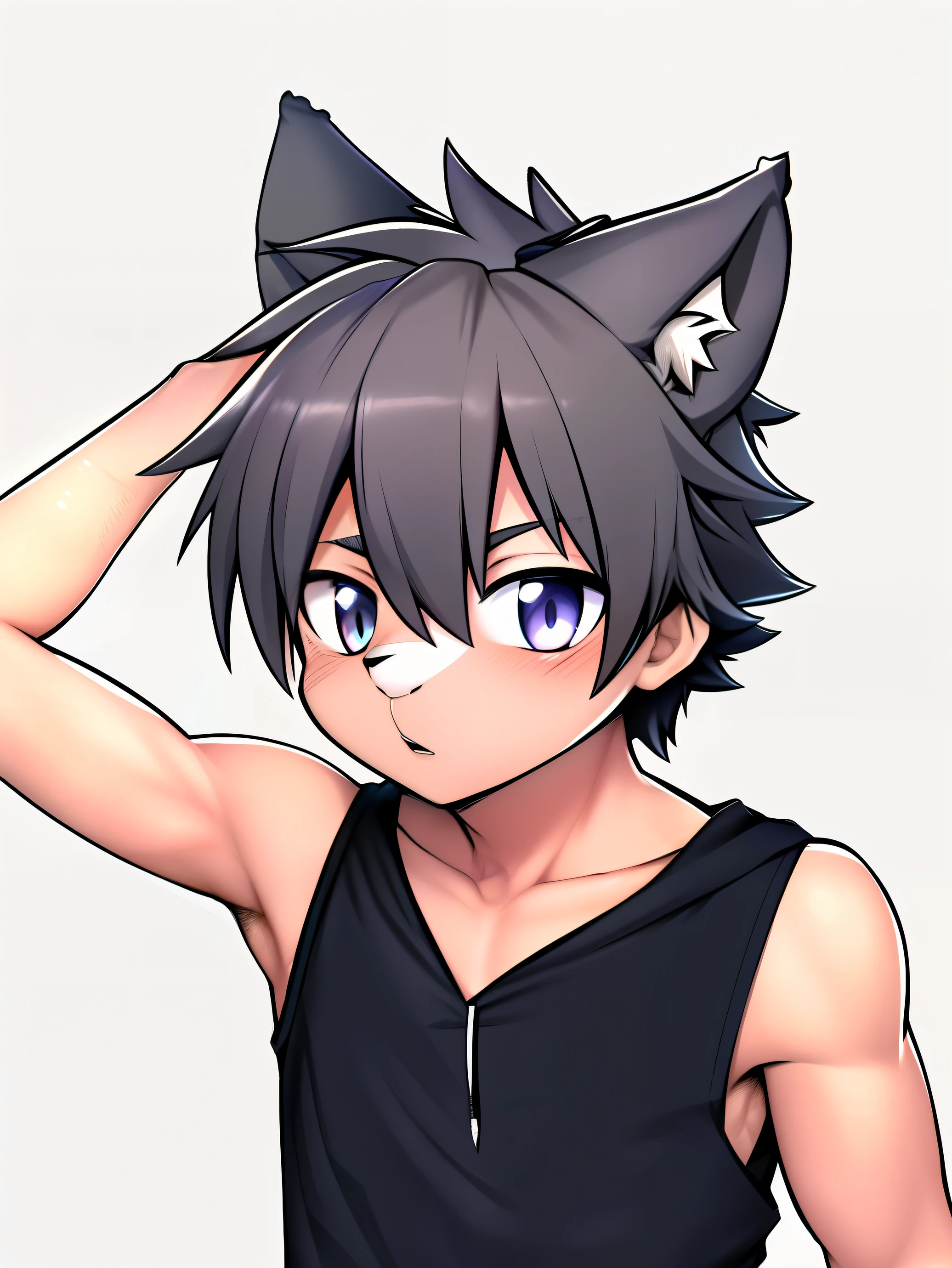 highres,Masterpiece, Best quality at best,Best Quality,hight quality, hight detailed, Anime style, 1boy, **********, Shota, Furry, Cheerful boy, Cat boy, Grey fur, Sleeveless hoodie, Simple beckground, (showing armpit, Smooth armpit), boy focus, Uhd,