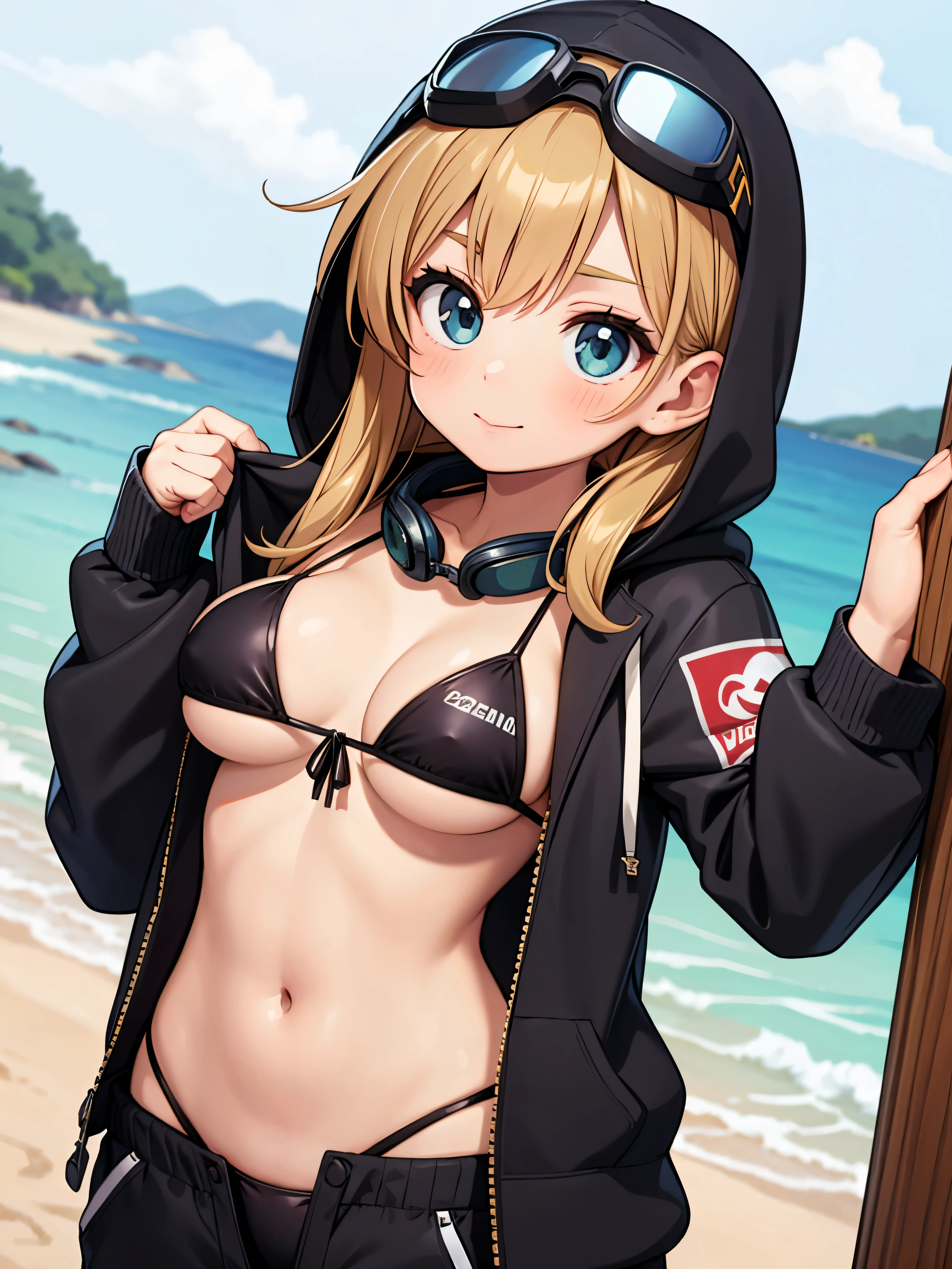 bikini,bikini top only,breasts,goggles,goggles around neck,hood,hoodie