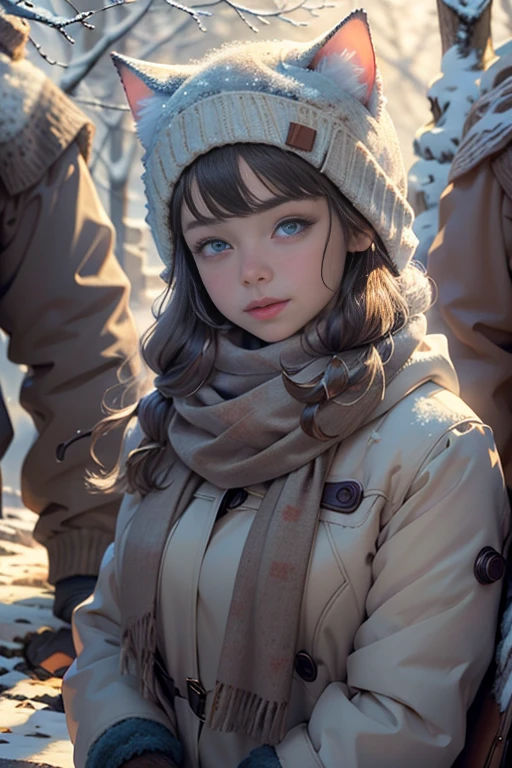 cat girl posing for a photo, (detailed eyes, eye correction), winter outfit, with a knitted hat and scarf that match her fur color, (1 girl), snowing, The sunlight filters through the trees, Definition and sharpness of textures, Two-colored light, White balance, Full Body Shot, looking at the camera, (focused winter background:1.8), (Photorealistic:1.4), (Highly detailed), (high resolution), (Best quality), (masterpiece)