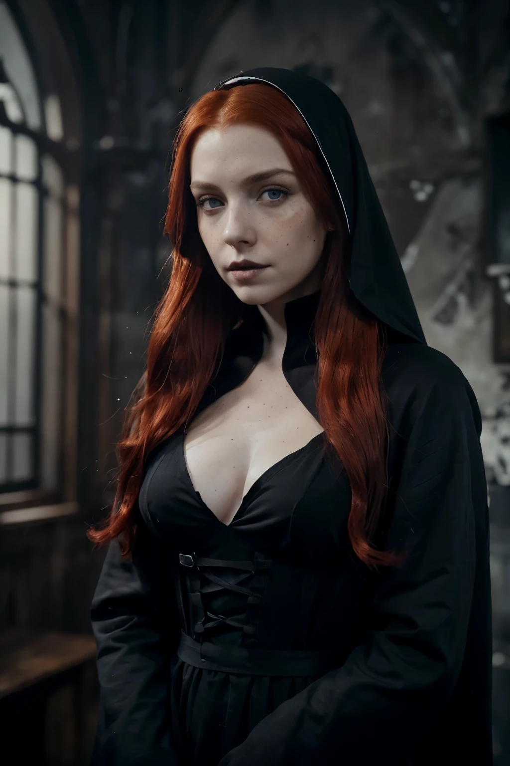 1 Girl, 24 years old, (bright red hair:1.3), shoulder-length hair, freckles, blue eyes, photo, (photorealism:1.4), realistic anatomy, nun cosplay, full-length, in a dark room, (monastic robe: 1.2) (black and white cassock:1.2),