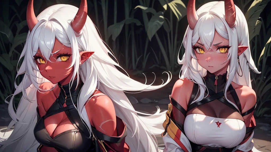 A girl with ((red skin, long white hair, yellow eyes, sexy clothes, and medium breasts)). She also has ((red horns)). The colors of the image should be vivid, enhancing the fantasy style. The lighting should be dramatic, with high contrast and strong shadows. The image should be of the best quality, with a resolution of 4k or 8k, and it should be a masterpiece. The image should have a realistic look, with attention to detail. ((Sexy clothes))