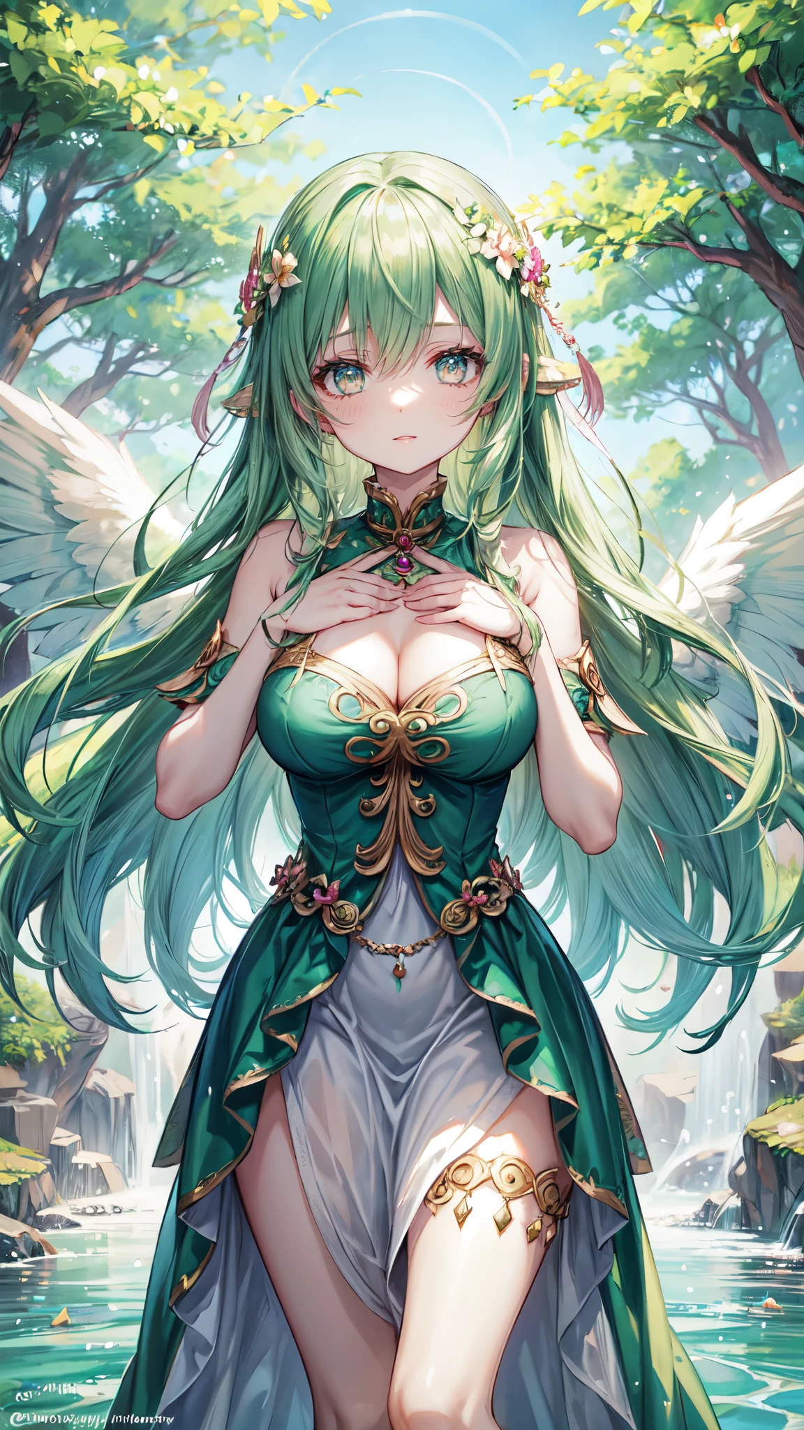 a woman in a green dress with pink wings standing in a river, a beautiful fantasy empress, anime goddess, ((a beautiful fantasy empress)), goddess of nature, beautiful goddess, mystical atlantean valkyrie, fantasy beautiful, of beautiful angel, goddess of beauty, goddess of summer, beautiful adult fairy queen, vibrant fantasy style, majestic wings, xianxia fantasy, detailed face, detailed eyes, detailed hands