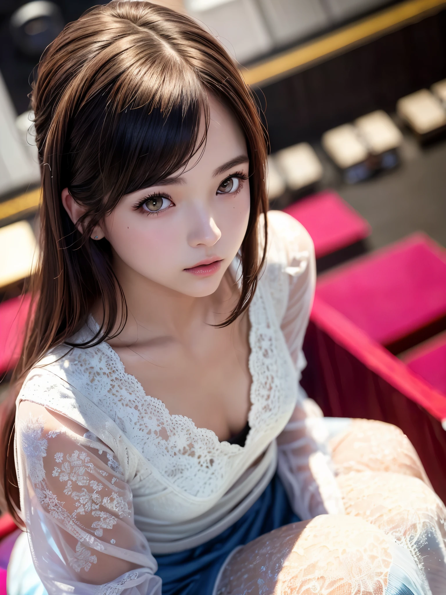 White base with purple-red fluttering costume、28 years old、rorish, perform on stage, concert photos, cute core、(((watching the audience)))、23 years old、Mei Nagano、shooting from above、（自然でdetailed face立ち、beautiful and detailed eyes、beautiful and dense lips、very detailed eyes、detailed face、long eyelashes）（8K resolution）、High resolution、masterpiece：1.2 )、Super detailed、(real、photorealistic、photorealistic: 1.37)、bob hair、belle delphine、dress、8K、fantastic lighting、bright colors、squatting down