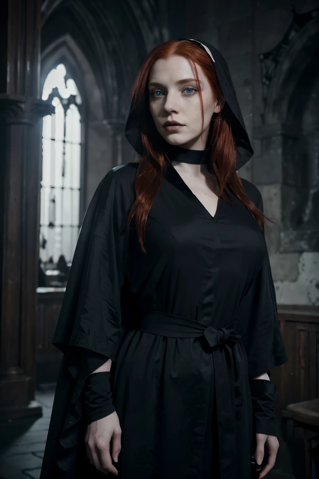 1 Girl, 24 years old, (bright red hair:1.3), shoulder-length hair, freckles, blue eyes, photo, (photorealism:1.4), realistic anatomy, nun cosplay, full-length, in a dark room, (monastic robe: 1.2) (black and white clothes:1.2), (gothic makeup:1.3) posing