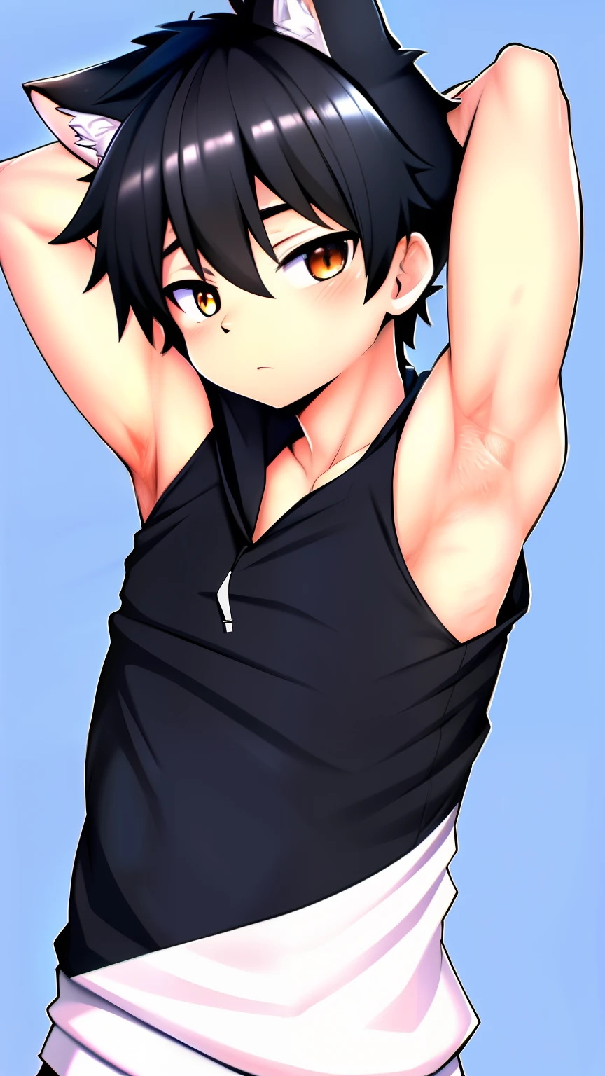 highres,Masterpiece, Best quality at best,Best Quality,hight quality, hight detailed, Anime style, 1boy, , Shota, Furry, Cheerful boy, Cat boy, Grey fur, Sleeveless hoodie, Simple beckground, (Showing armpit:1.3), boy focus, Uhd,