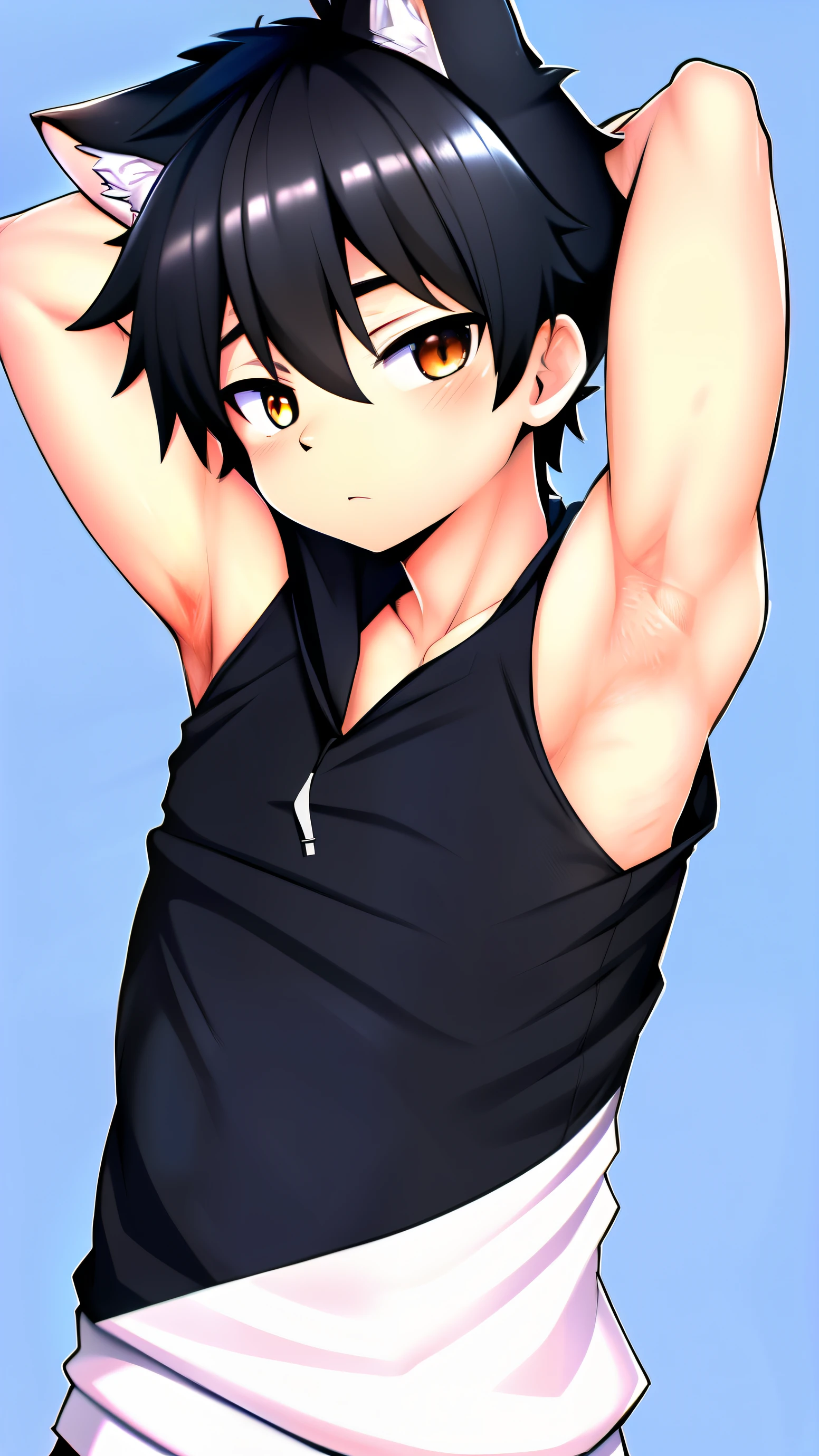 (blank white background) young  boy, white skin, messy big black hair, blue eyes, standing up, hands on hips, wearing black tanktop and white shorts, blushing smile, thin body