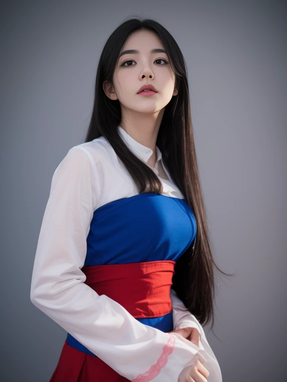 Mujer arafed con un vestido azul y rojo posando para una foto., retrato de mulan, inspirado por Ayako Rokkaku, Inspirado por Ito Shinsui, alena aenami and artgerm, mulan, chica anime cosplay, cosplay publicitario, inspirado en Kim Deuk-sin, anime cosplay, inspirado en Jin Nong