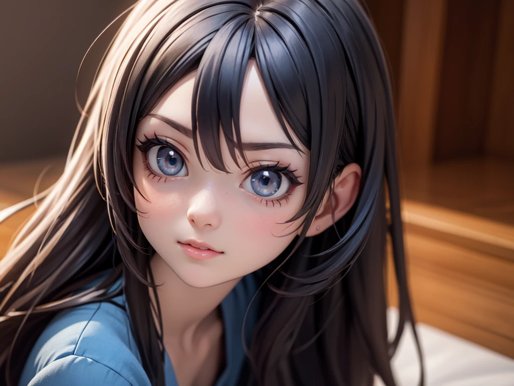 Anime girl with long hair and blue shirt posing for photo, Realistic animation3D风格, 3D animation realistic, Realistic animation, Realistic animation girl render, Smooth anime CG art, anime styled 3d, Realistic animation艺术风格, anime realism style, anime style. 8K, Realistic young anime girl, Rendering of a cute 3D anime girl