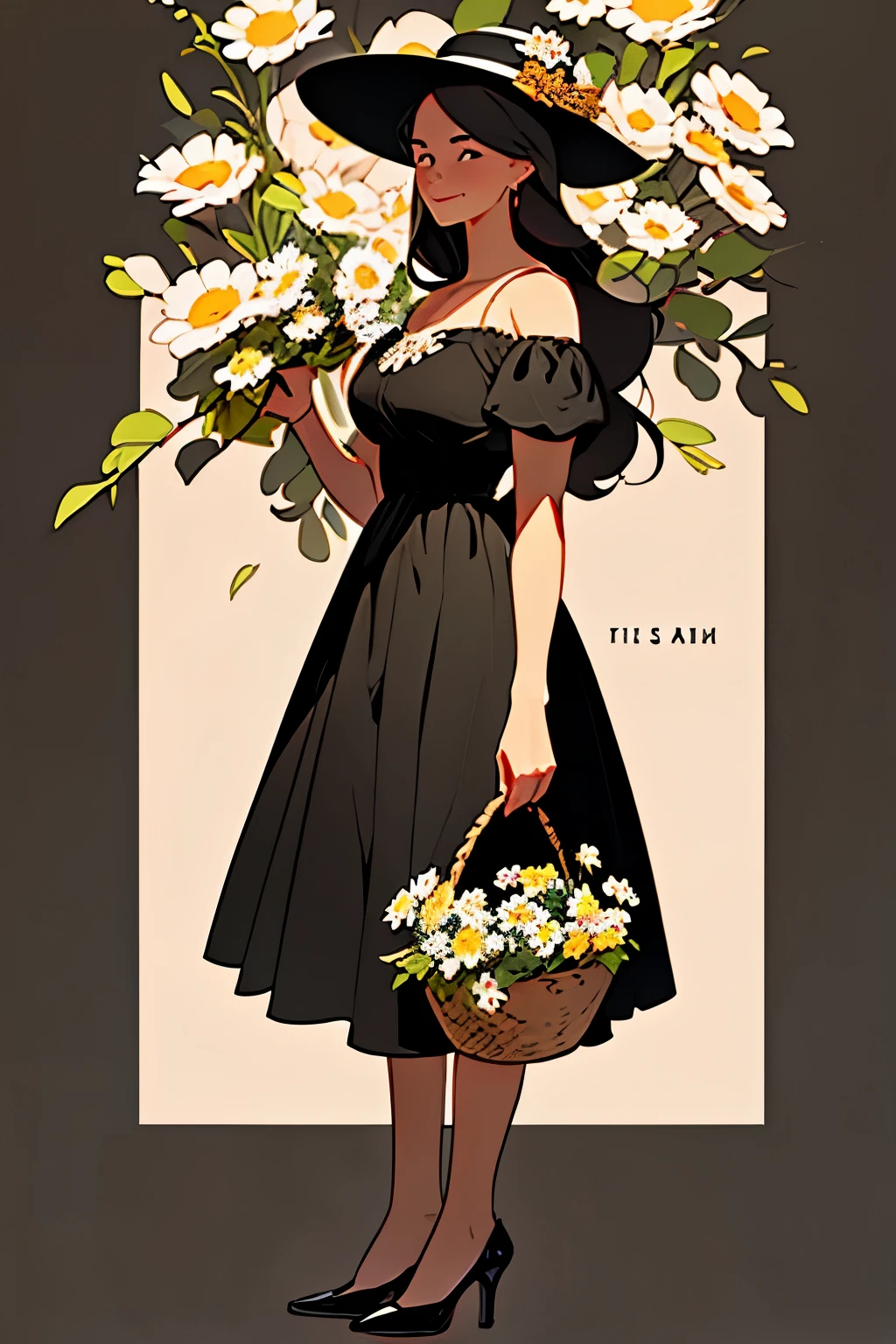 a woman in a black dress holding a basket of daisies, standing under a large, whimsical oak tree with multicolored leaves, 2D Illustration