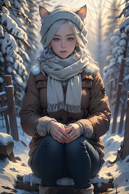 cat girl posing for a photo, (detailed eyes, eye correction), winter outfit, with a scarf that matches your hair color, (1 girl), snowing, The sunlight filters through the trees, Definition and sharpness of textures, Two-colored light, White balance, Full Body Shot, looking at the camera, (focused winter background:1.8), (Photorealistic:1.4), (Highly detailed), (high resolution), (Best quality), (masterpiece)