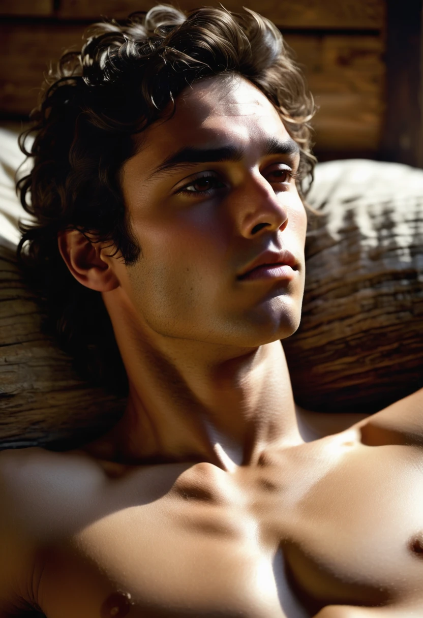 (highly detailed, soft light, photorealistic, dynamic light; cinematic); victorian era; 1820s; 24 years old man; Greek; 1820s Anglican priest; incredibly attractive; dark and brooding; masculine yet beautiful; helpless longing stare; confused expression; Adonis; moody; intense; hooked Greek nose; sensual; amorous air; very attractive; lean figure; olive skin; stubble; hazel-green eyes; thick strong dark-brown eyebrows; long full sideburns; fully naked with a lean body and dark chest-hair, slightly sweaty; short tousled dark-brown wavy hair; full luscious moist lips, parted; mouth slightly open; lying on his back on a 1820s bed in a rustic 1820s log cabin, lying in an erotic pose, asking for sex; hazel-green eyes; looking at camera