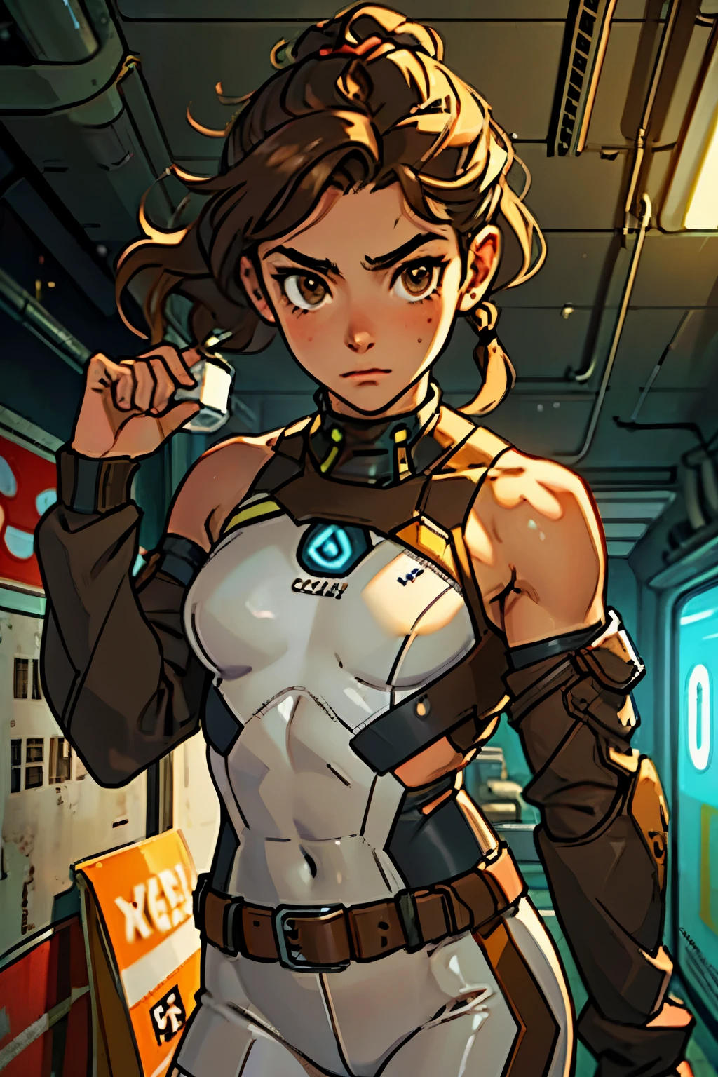 Caucasian ager), 18 years old, brown eyes, (wavy brown hair), (hair tied back), medium hair, small medium breasts. She wears a white sci-fi suit, (bare shoulders), alone, inside an abandoned subway, underground base