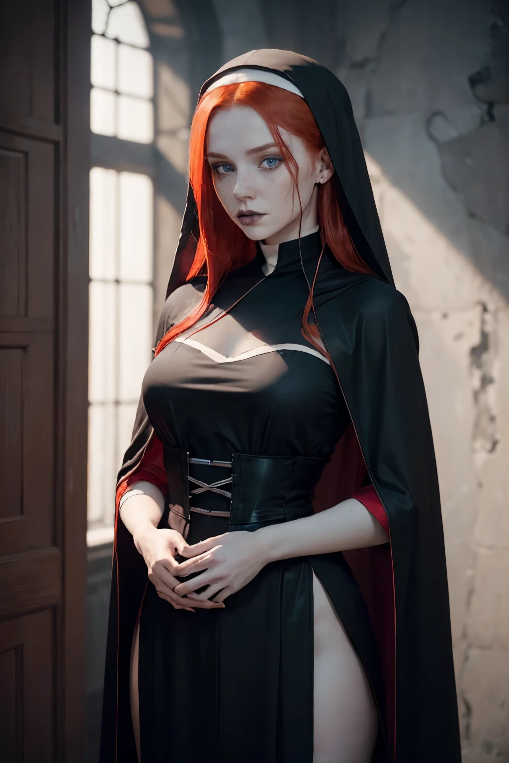 1 Girl, 24 years old, (bright red hair:1.3), shoulder-length hair, freckles, blue eyes, photo, (photorealism:1.4), realistic anatomy, nun cosplay, full-length, in a dark room, (monastic robe: 1.2) (black and white clothes:1.2), (gothic makeup:1.3) posing, sexy, revealing outfit,
