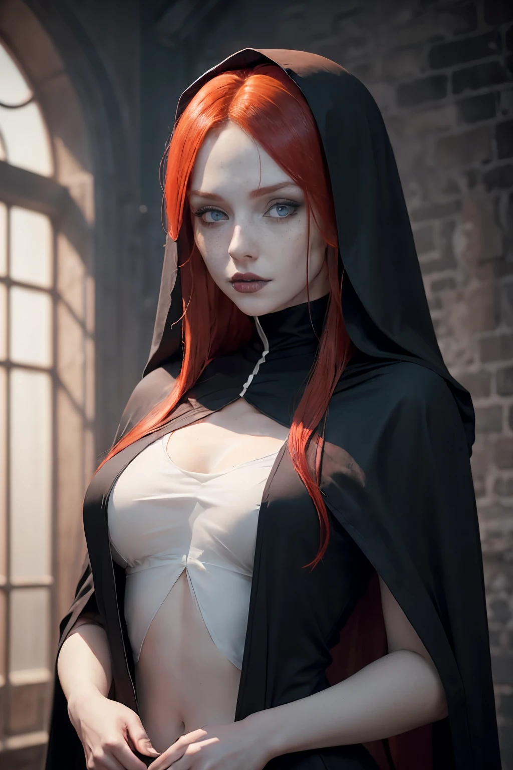 1 Girl, 24 years old, (bright red hair:1.3), shoulder-length hair, freckles, blue eyes, photo, (photorealism:1.4), realistic anatomy, nun cosplay, full-length, in a dark room, (monastic robe: 1.2) (black and white clothes:1.2), (gothic makeup:1.3) posing, sexy, revealing outfit,