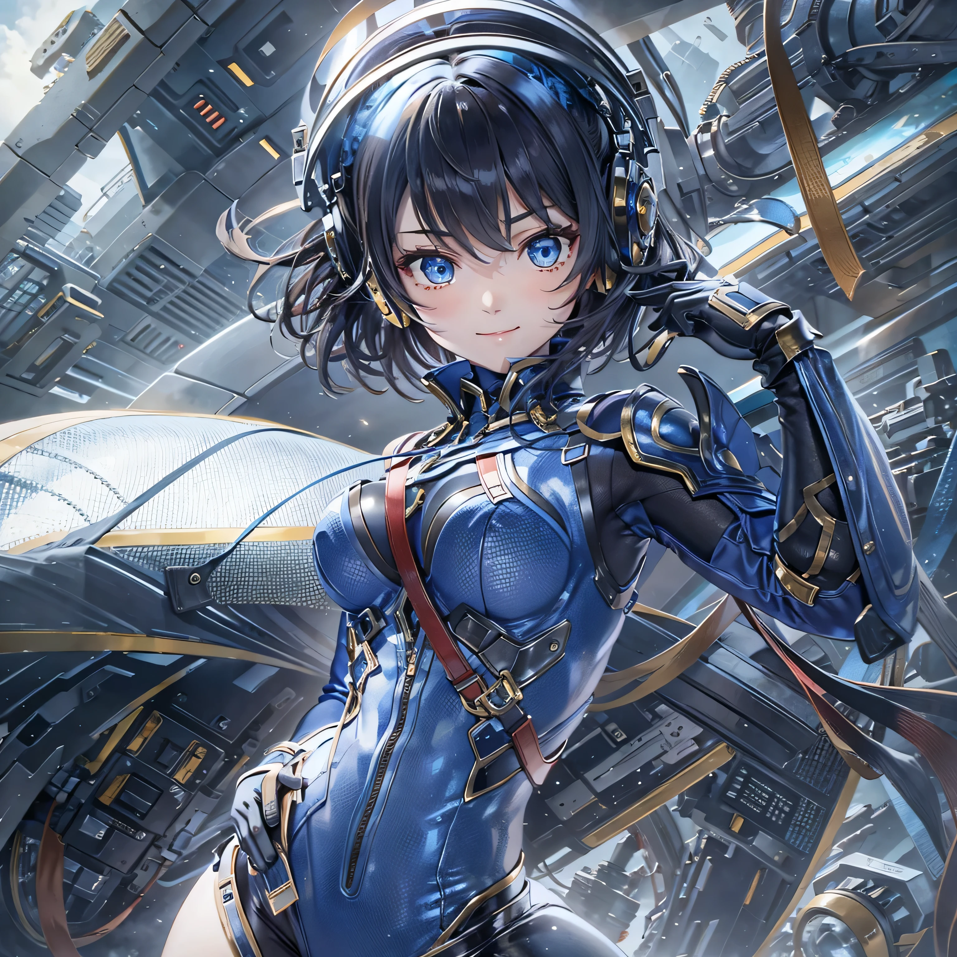 (masterpiece、highest quality、highest resolution、clear_image、detailed details、Angle from above): (full body figure、One 20 year old girl、Japanese faces、small face、Slender、Navy blue super short bob cut hair、(hidden small breasts:1.3)、sparkling blue eyes、Shiny pilot suit in blue and black colors、armor that protects the chest、tight fitting clothes、clothes that cover the whole body、shiny clothes、tight fit pants、hide the skin、very delicate and beautiful、detailed skin、hide thighs、hide your butt、cute type、gentle smile、soft expression、heroine、headset、Knee-high boots、gloves up to the elbow、eye level shot、facing directly、woman on a spaceship)