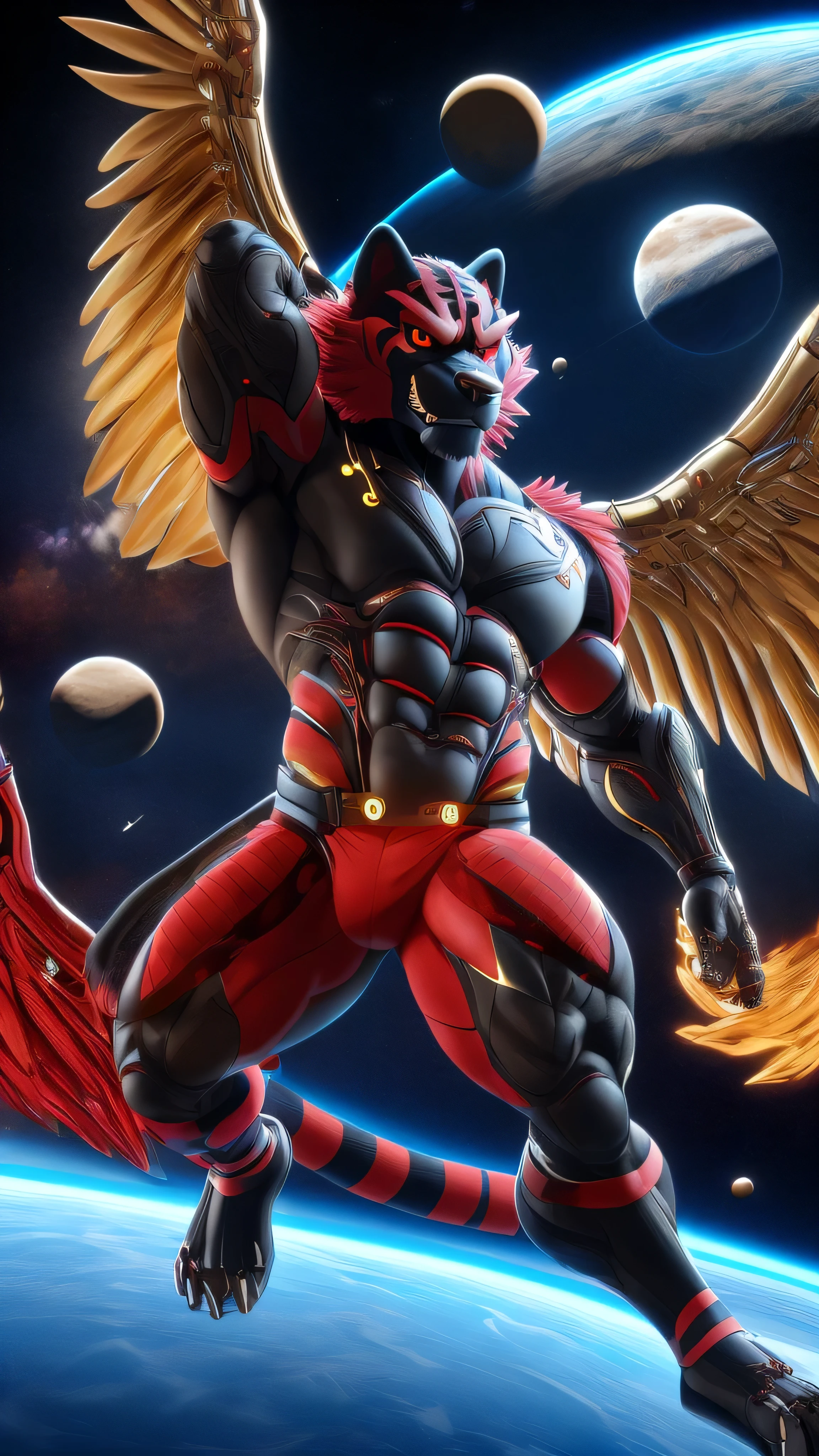 incineroar 3D muscular male a digital cyborg flying through space and displaying a pair of golden wings a legendary God digital armor and red eyes