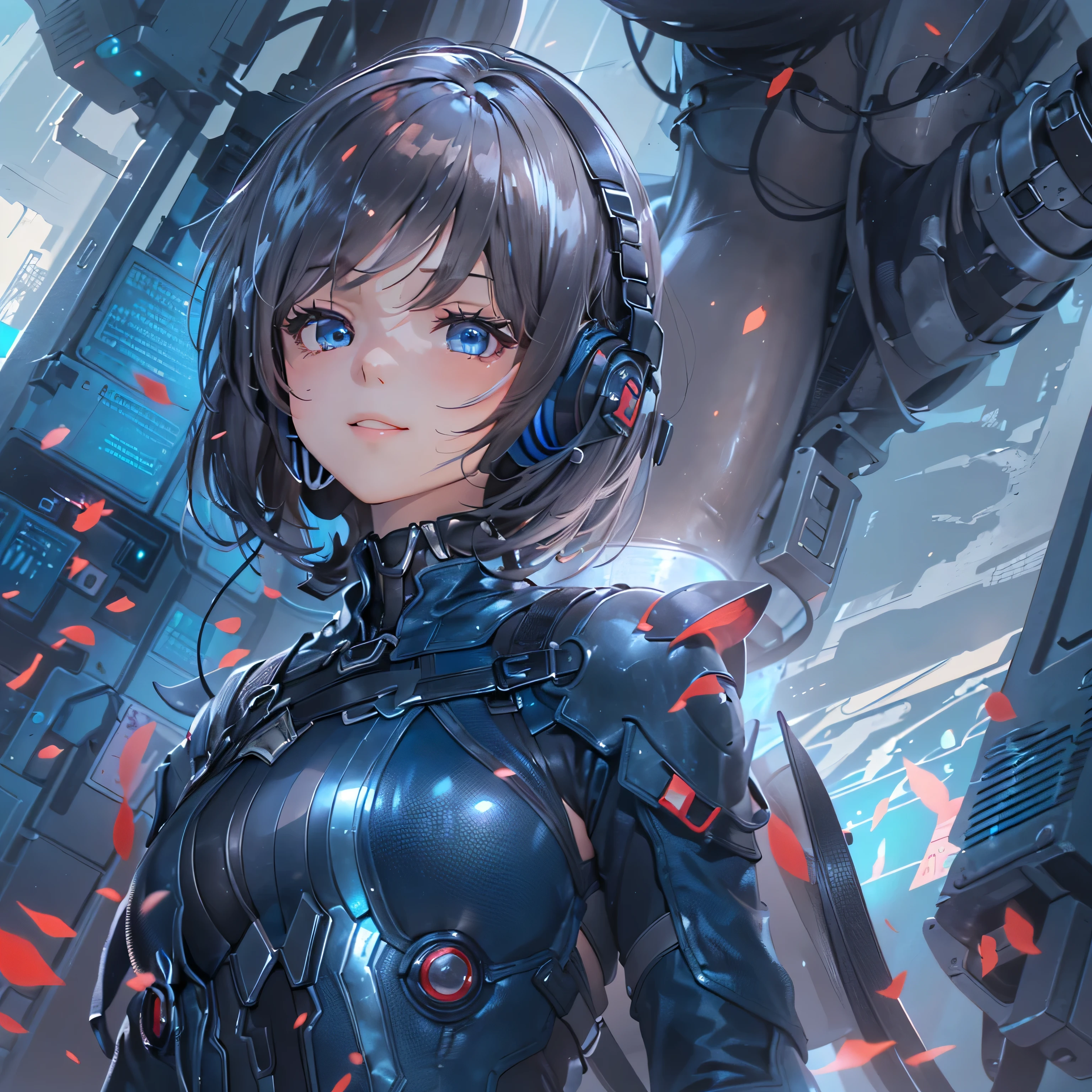 (masterpiece、highest quality、highest resolution、clear_image、detailed details、Angle from above): (full body figure、One 20 year old girl、Japanese faces、small face、Slender、Navy blue super short bob cut hair、(hidden small breasts:1.3)、sparkling blue eyes、Shiny pilot suit in blue and black colors、armor that protects the chest、tight fitting clothes、clothes that cover the whole body、shiny clothes、tight fit pants、hide the skin、very delicate and beautiful、detailed skin、hide thighs、hide your butt、cute type、gentle smile、soft expression、heroine、headset、Knee-high boots、gloves up to the elbow、eye level shot、facing directly、woman on a spaceship)