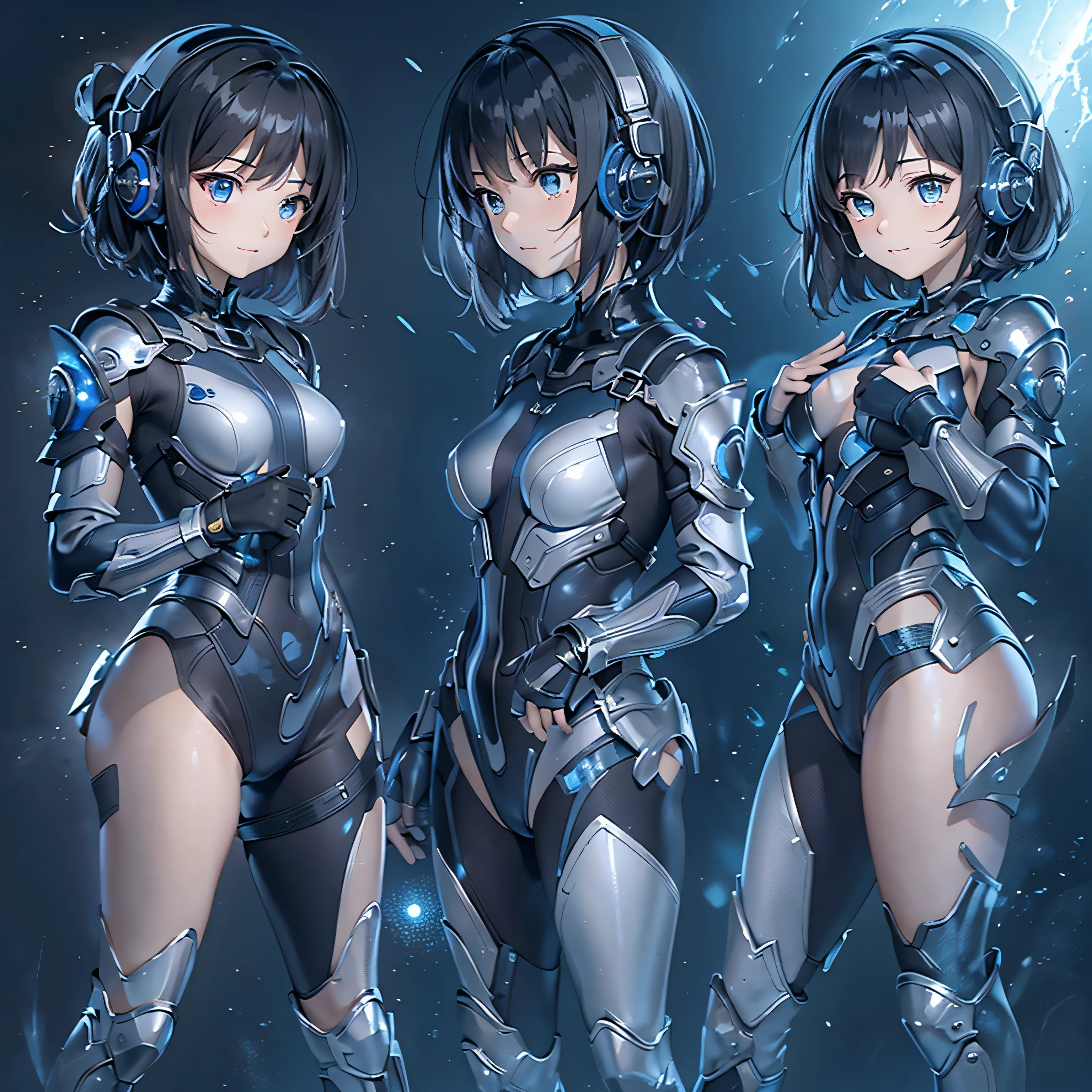 (masterpiece、highest quality、highest resolution、clear_image、detailed details、Angle from above): (full body figure、One 20 year old girl、Japanese faces、small face、Slender、Navy blue super short bob cut hair、(hidden small breasts:1.3)、sparkling blue eyes、Shiny pilot suit in blue and black colors、armor that protects the chest、tight fitting clothes、clothes that cover the whole body、shiny clothes、tight fit pants、hide the skin、very delicate and beautiful、detailed skin、hide thighs、hide your butt、cute type、gentle smile、soft expression、heroine、headset、Knee-high boots、gloves up to the elbow、eye level shot、facing directly、woman on a spaceship)