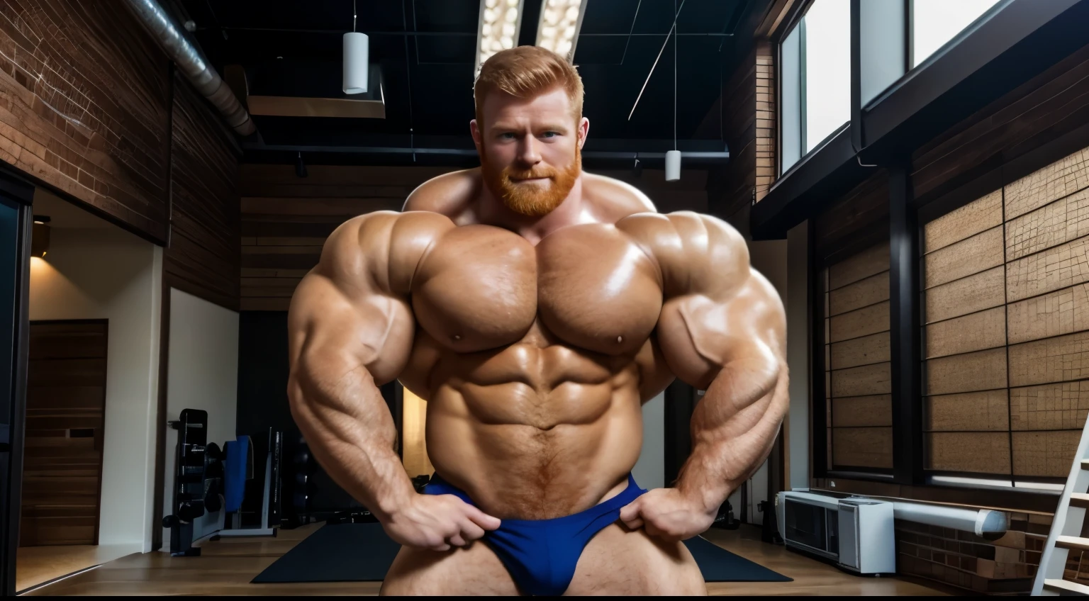ginger daddy, (1boy), (soft smile), tan skin, (natural daylight:1.3), flexing biceps, perfect biceps, round biceps, arm flexed, bicep flexing pose, (good face:1.5), (male model:1.3), dimly lit, dark studio, matured man with a beard, ginger, bodybuilder competition flexing poses, showing off biceps, (handsome:1.5), (beautiful:1.3), gorgeous, high quality face, ginger, extremely attractive