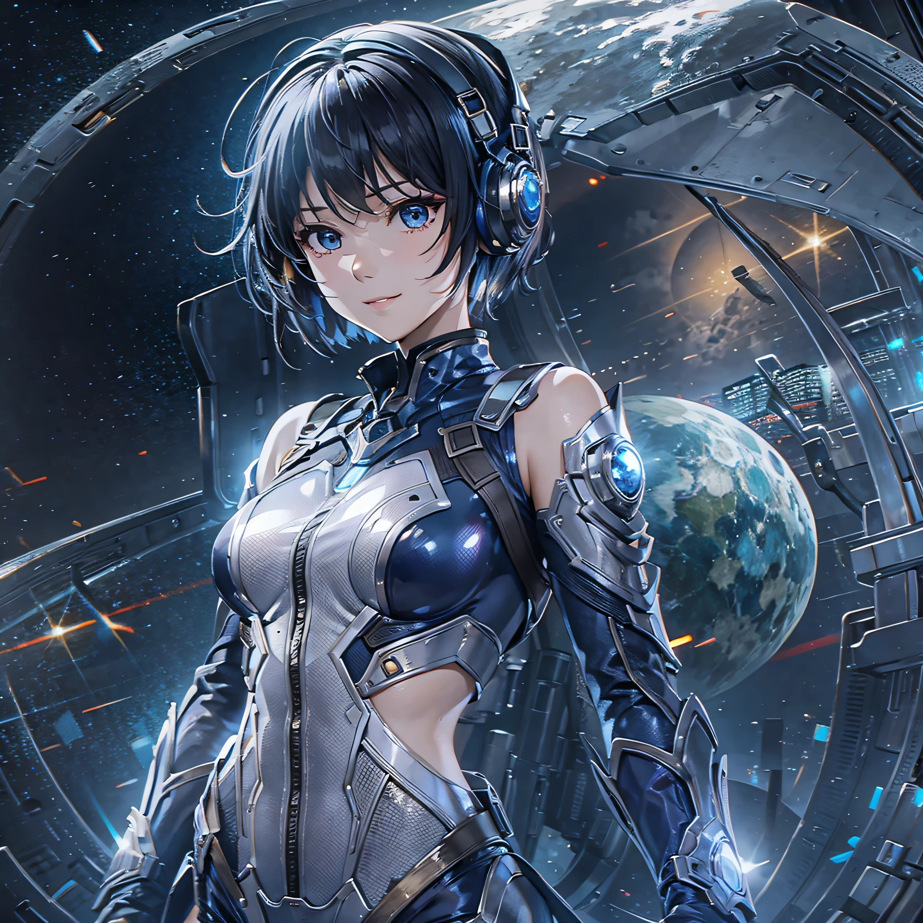 (masterpiece、highest quality、highest resolution、clear_image、detailed details、Angle from above): (full body figure、One 20 year old girl、Japanese faces、small face、Slender、Navy blue super short bob cut hair、(hidden small breasts:1.3)、sparkling blue eyes、Shiny pilot suit in blue and black colors、armor that protects the chest、tight fitting clothes、clothes that cover the whole body、shiny clothes、tight fit pants、hide the skin、very delicate and beautiful、detailed skin、hide thighs、hide your butt、cute type、gentle smile、soft expression、heroine、headset、Knee-high boots、gloves up to the elbow、eye level shot、facing directly、woman on a spaceship)