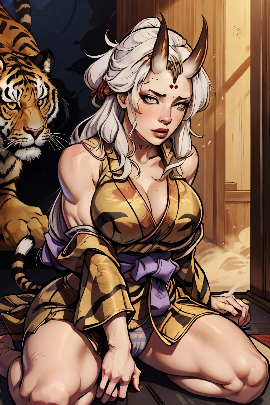 beautiful asian oni female warrior,(sitting in seiza pose:1.33) wearing tiger pattern underwear , with thick curvy mature body yet muscular, long and voluminous white hair blown by the wind, 2 long oni horns, reddish fair skin , perfect face features expressive eyes , thick lips,