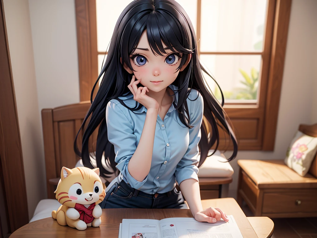 Anime girl with long hair and blue shirt posing for photo, Realistic animation3D风格, 3D animation realistic, Realistic animation, Realistic animation girl render, Smooth anime CG art, anime styled 3d, Realistic animation艺术风格, anime realism style, anime style. 8K, Realistic young anime girl, Rendering of a cute 3D anime girl