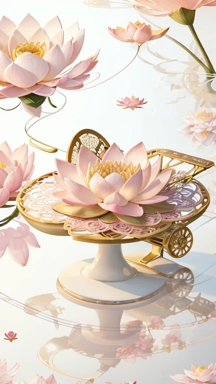 Picture a stunning scene of an antique telephone, meticulously crafted from lotus flowers in a 4K 16:9 image. The telephone's body is intricately designed with numerous petals of various shades of pink and white, overlapping each other, forming a smooth and textured surface that gently catches the morning sunlight. The telephone's receiver is shaped like a lotus bud, sitting atop a long, curved stem. The telephone wires are made of delicate tendrils, twirling gracefully around the base, adding to the ethereal beauty of the floral masterpiece.

The background of the image features a serene lotus pond, with gentle rip
