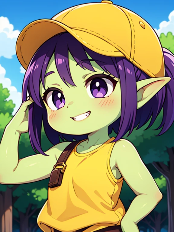 1girl, (young), (chibi), ((goblin girl)), ((green skin)), purple hair, (short hair), messy hair, ponytail, big eyes, purple eyes, smile, teeth, yellow shirt, brown shorts, sandals, arms behind back, ((cowboy shot)), trees, blue sky, best quality, (fantasy), ((green phrygian cap))