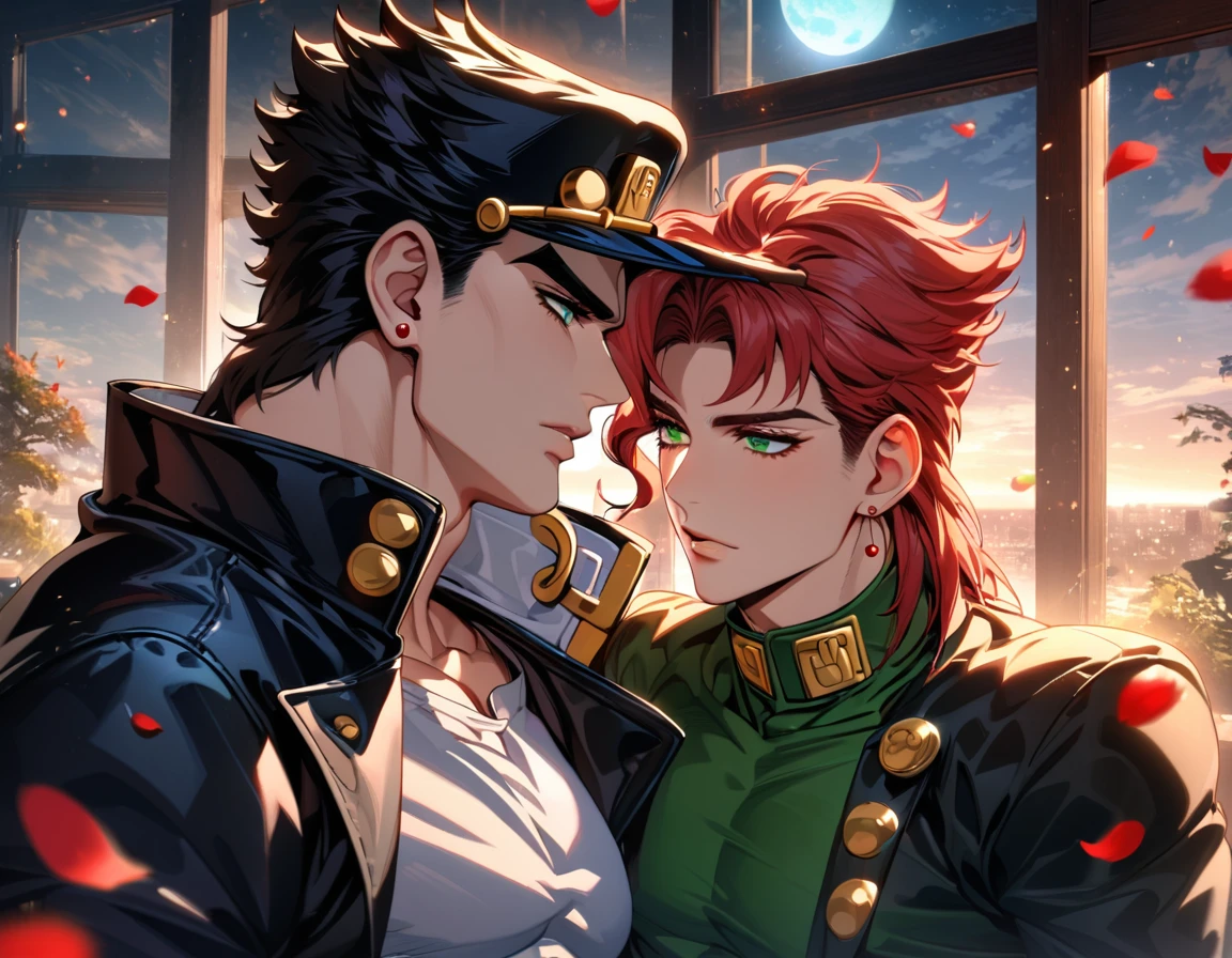 (absurdres, highres, ultra detailed, HDR), master piece, best quality, vibrant green eyes, Jotaro Kujo, black hair, Kakyoin, red hair, Jojo bizarre adventure, 2 gay men together, handsome, black leather coat, moon, petals, window