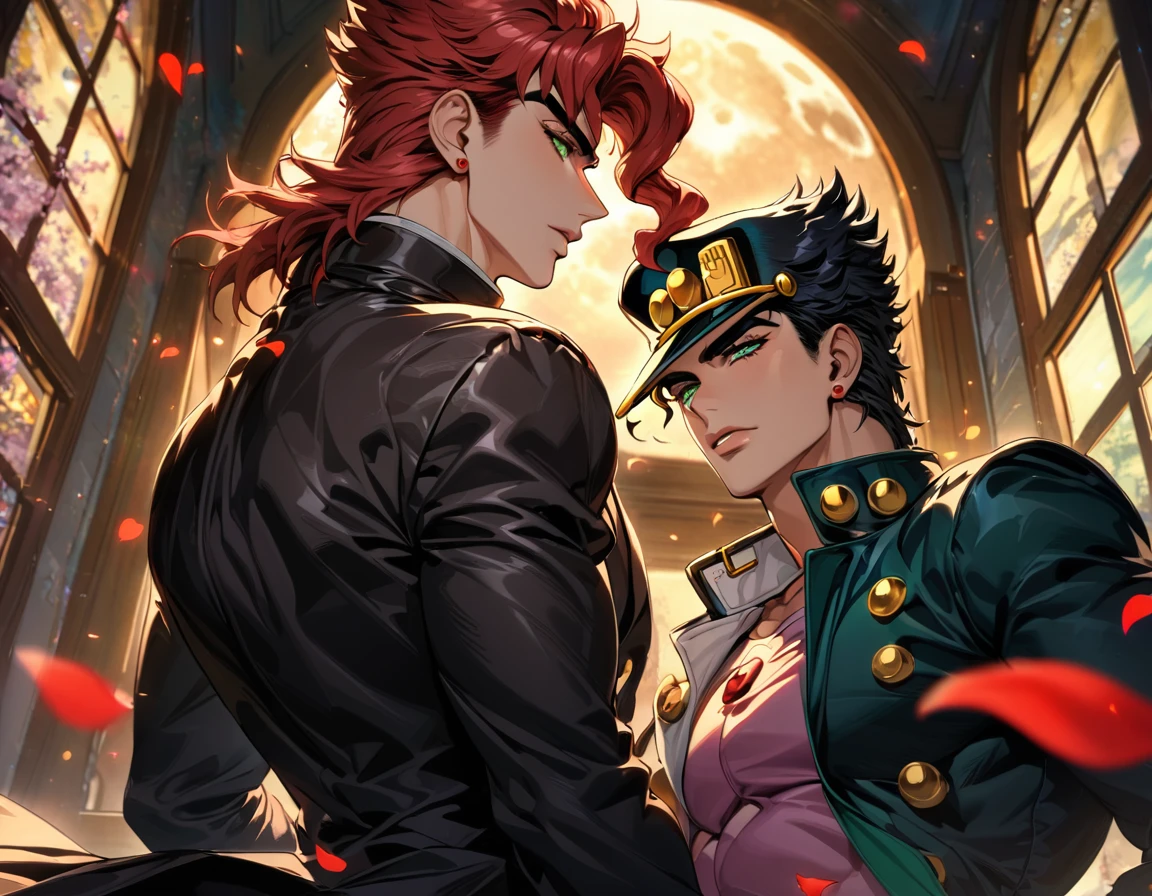 (absurdres, highres, ultra detailed, HDR), master piece, best quality, vibrant green eyes, Jotaro Kujo, black hair, Kakyoin, red hair, Jojo bizarre adventure, 2 gay men together, handsome, black leather coat, moon, petals, window