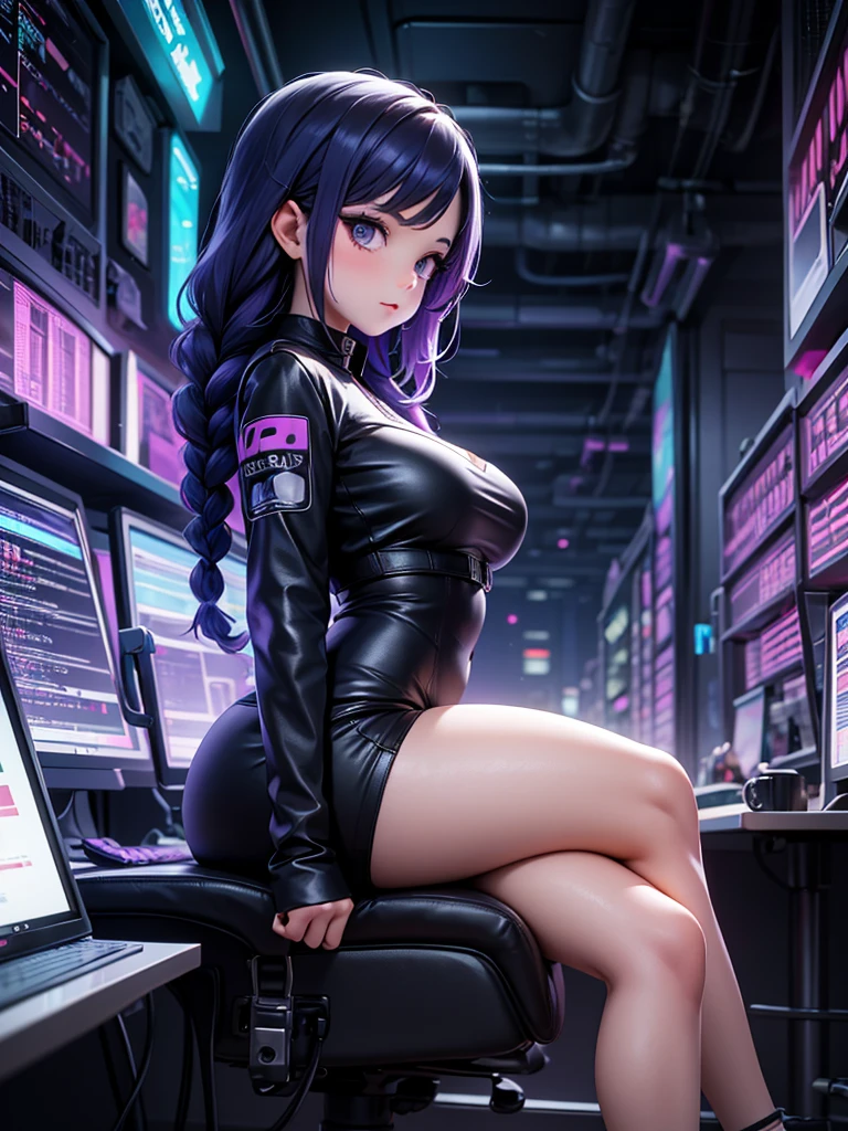 Very young girl, black mask, White skin, The code on, Hacker style, curve,sit on it、View from the side、deep purple, dark, braids, dark blue hair, cable, vintage, cyberpunk, Data center background, deep purple主题, night city