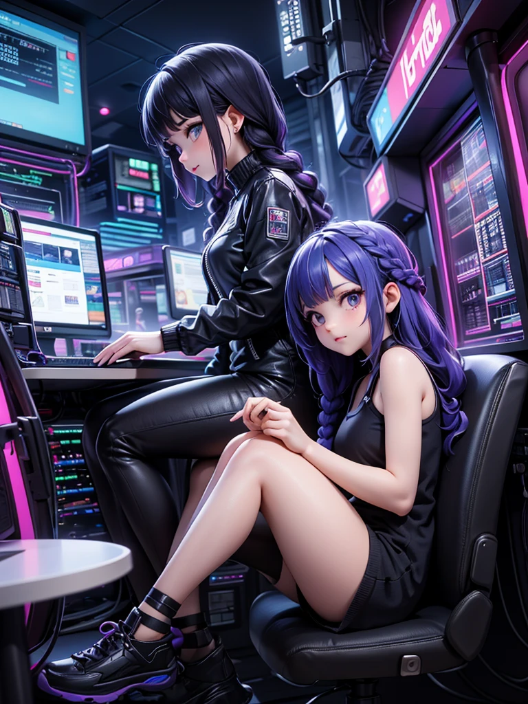 anime hacker girl dressed in black and blue standing in a hacker room, with 4k anime style computers, anime portrait of space cadet girl, moe anime art style of (big breasts), breasts, fascinating thighs, anime style. 8k, stylized anime, cyberpunk anime girl with hoodie, best konachan 4k anime wallpaper, stylized anime, unknown art style, 3d anime style, 2d illustration