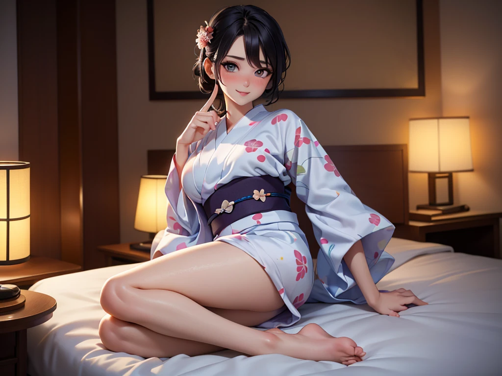 1 beautiful woman, seductive sexy, Alluring plumpness:1.3, Brunette, Straight-haired, pupils sparking, long upper eyelashes, (wearing yukata in hotel:1.5), Japanese-style rooms at the hotel, futon, seductive smile, light blush, ear blush, seductive expression, sexy tease, high quality clothing, beautiful and delicate clothing, super detail face, high detail and delicate eyes, ((accurate limbs)), ((correct finger)), (super textured skin), high quality background, award winning, masterpiece, anatomically correct, retina, highres, UHD, 16k, 8k