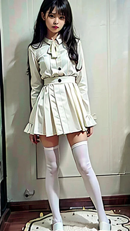 best qulity,The Masterpiece,ultra-highresolution,(From below),(fidelity:1.4),Original photo,Long white dress,1 little girl,6 years old,cinematic lighting,(((twin drills))),blondhair,Blue eyes,Smile with,upper teeth,royal palace,tron,Jirou legs,Long white stockings,