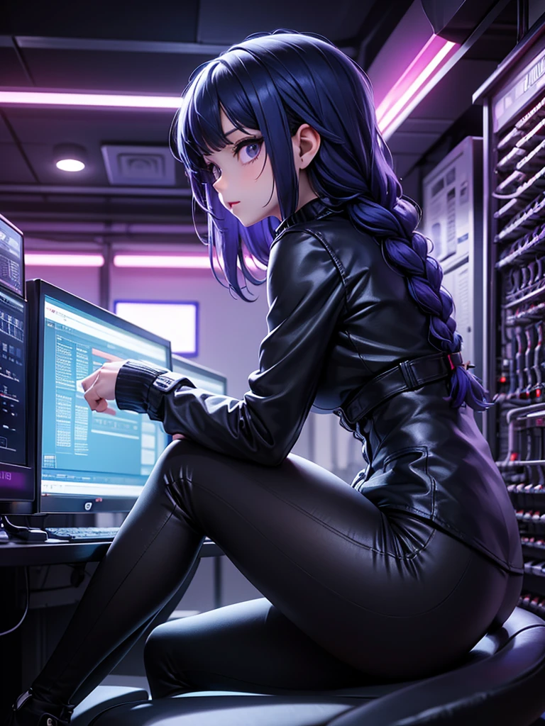 Very young girl, black mask, White skin, The code on, Hacker style, curve,sit on it、View from the side、deep purple, dark, braids, dark blue hair, cable, vintage, cyberpunk, Data center background, deep purple主题, night city