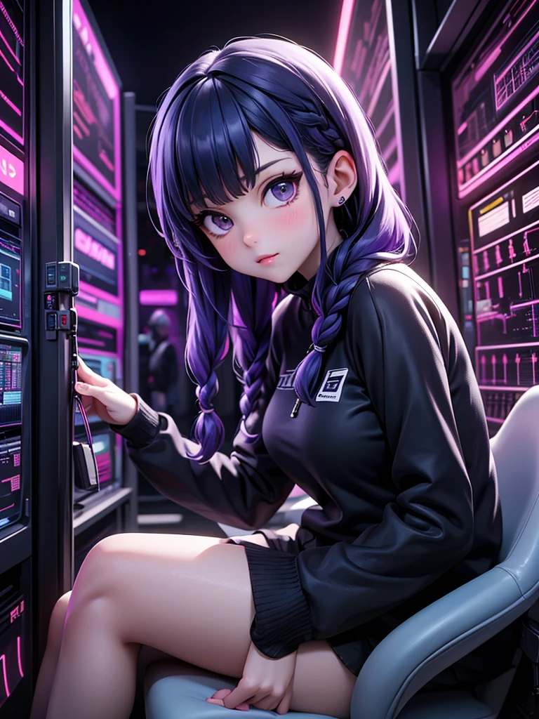 Very young girl, black mask, White skin, The code on, Hacker style, curve,sit on it、View from the side、deep purple, dark, braids, dark blue hair, cable, vintage, cyberpunk, Data center background, deep purple主题, night city