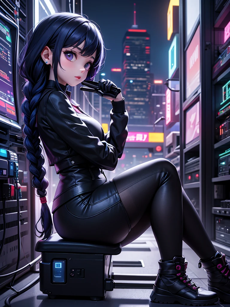 masterpiece, high quality, hd, 4k, 8k, girl, goth, long socks, boots, all black, wearing virtual reality glasses, meta, meta quest, girl with a vr headset, cute, cocky, virtual reality, cyberpunk, arms behind back, arms hidden, no hands, detailed