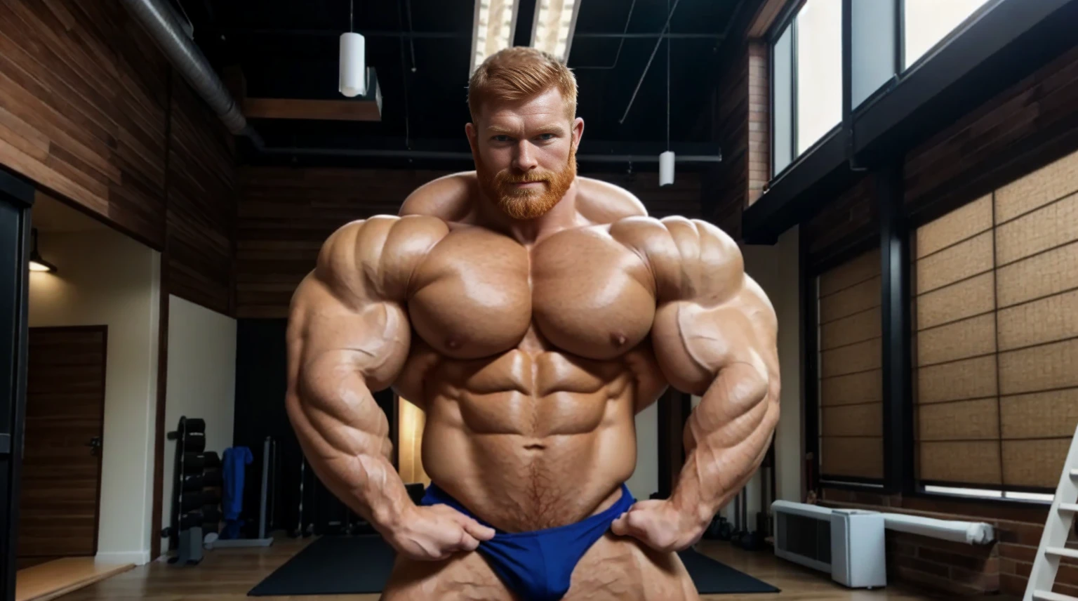 ginger daddy, (1boy), (soft smile), tan skin, (natural daylight:1.3), flexing biceps, perfect biceps, round biceps, arm flexed, bicep flexing pose, (good face:1.5), (male model:1.3), dimly lit, dark studio, matured man with a beard, ginger, bodybuilder competition flexing poses, showing off biceps, (handsome:1.5), (beautiful:1.3), gorgeous, high quality face, ginger, extremely attractive, (defined muscles:1.5)