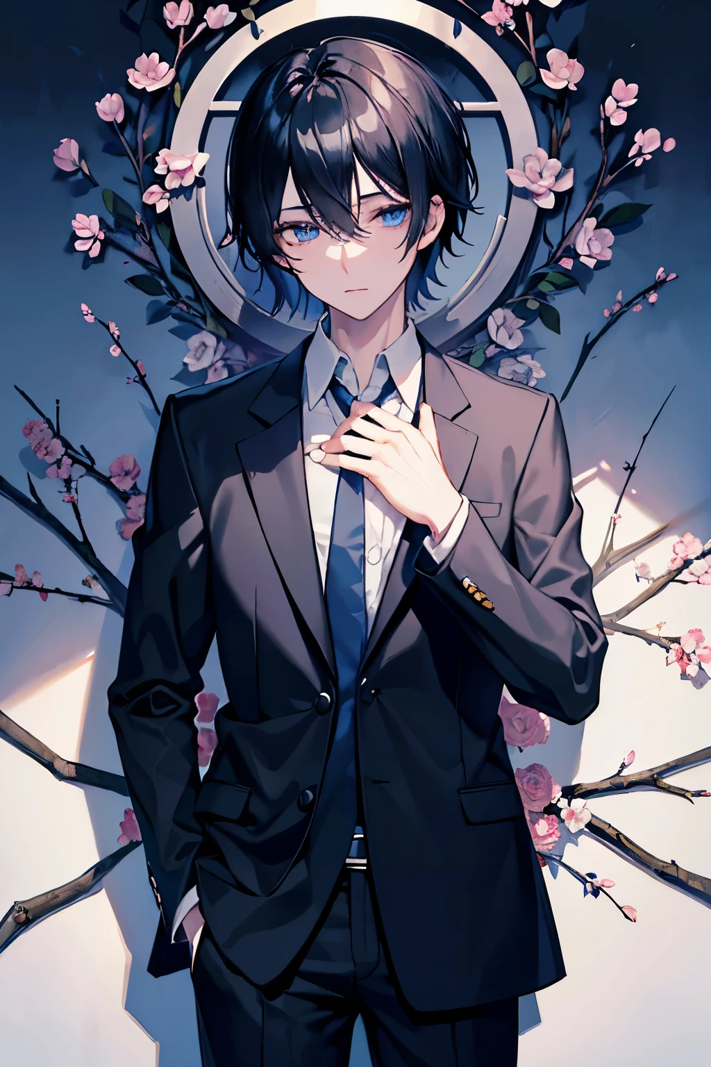 male　black hair　blue eyes　uniform　blazer　pants　Spring flower　School　Entrance ceremony　masterpiece　Highest image quality　noise removal　clear parts 　cinematic shadow　Increases the attractiveness of the eyes　clear parts the shine of the eyes　draw eyelashes neatly　perfect eyes　detailed eyes　sharpen image quality　sharpen eye writing　clear parts eye shape