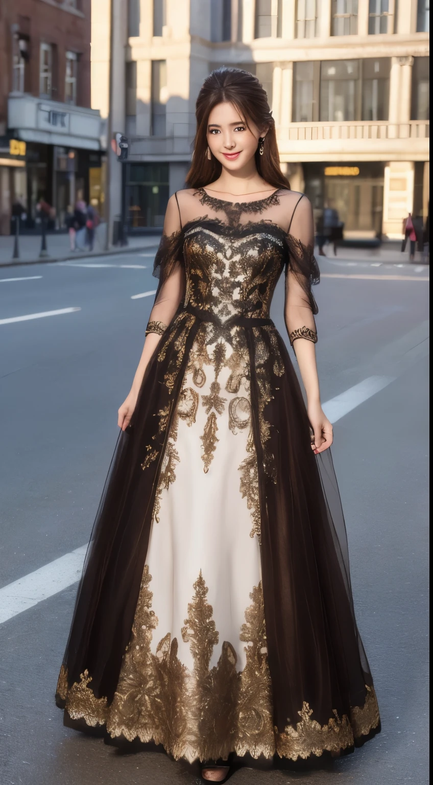((highest quality, 8K, masterpiece :1.3)), 1 girl, smile, full body, slim face, Beautiful woman, (dark brown hair), full length dress :1.1, super detailed face, fine eyes, double eyelid,  blur background, slim face, city, outside, street,brown hair