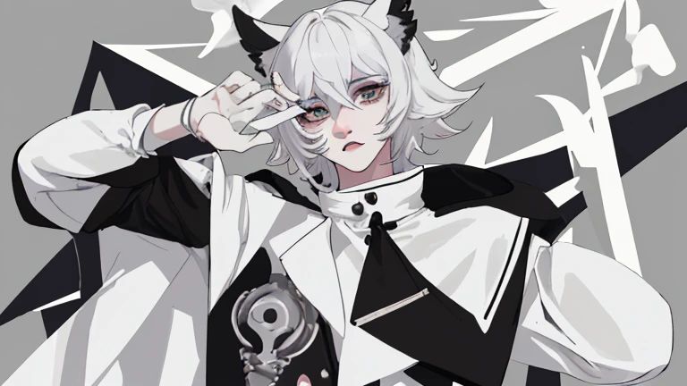Un Femboy furry,pelaje blanco,cuernos de reno,cola esponjosa blanca,4 ojos color negro,estilo kemono,utiliza un abrigo de color gris,esta serio y enojado