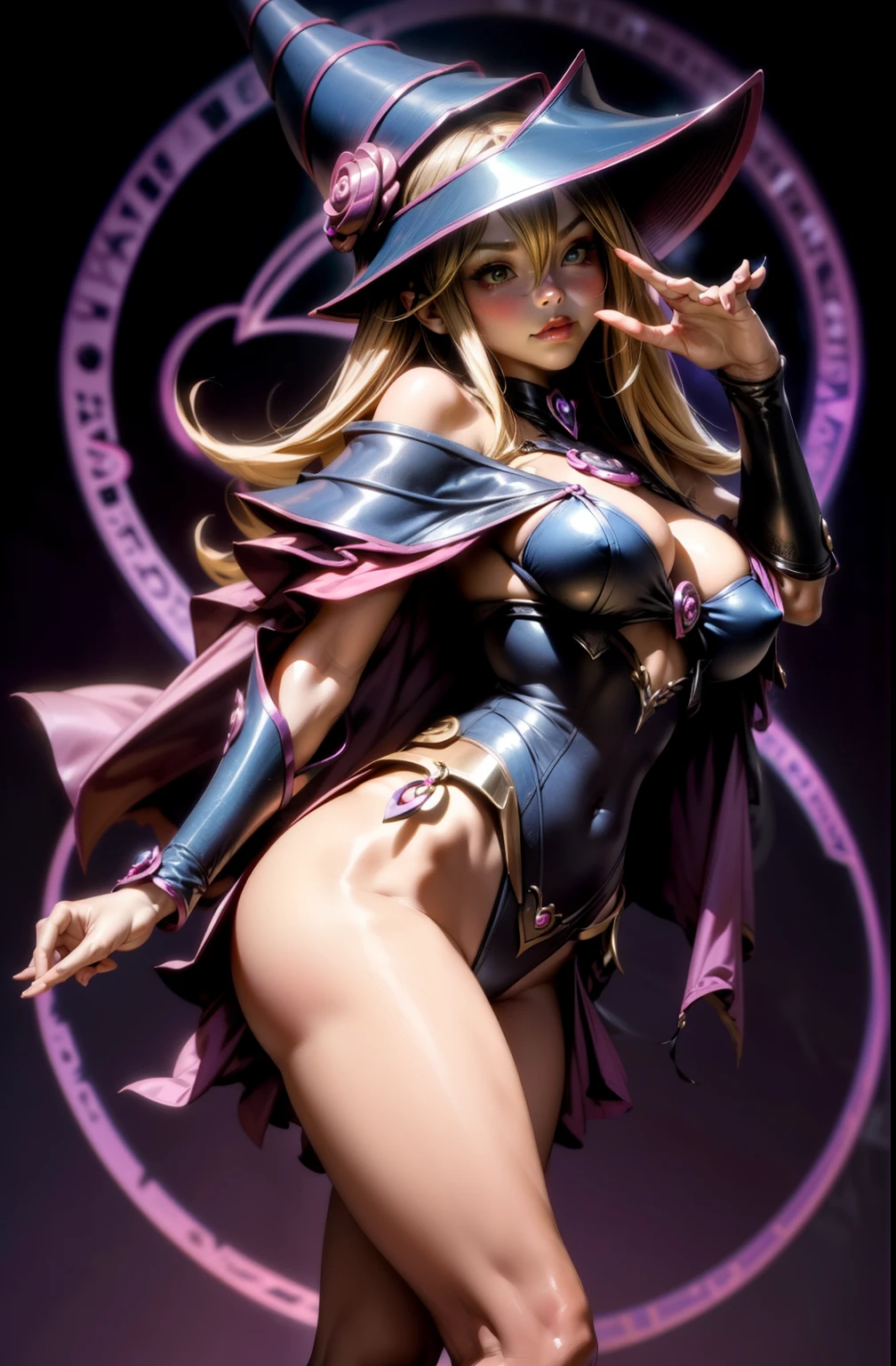 Mago Oscuro Gils. Levitando entre sus piernas, Pose Sujestiva, sexy y inocente. Background of hearts and magic in circles...... Wink an eye and blow a kiss. Hermosa y coqueta
