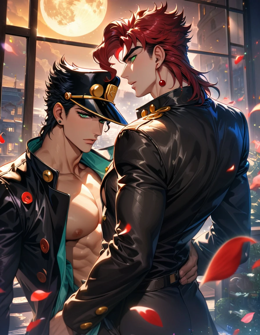 (absurdres, highres, ultra detailed, HDR), master piece, best quality, vibrant green eyes, Jotaro Kujo, black hair, Kakyoin, red hair, Jojo bizarre adventure, 2 gay men together, handsome, black leather coat, moon, petals, window